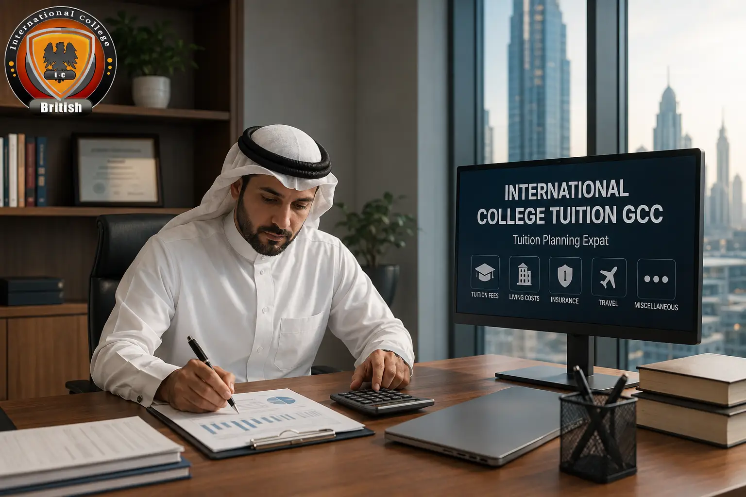 Photorealistic CGI of a male GCC executive analyzing international college tuition GCC structures in a corporate office, featuring cinematic executive noir lighting.